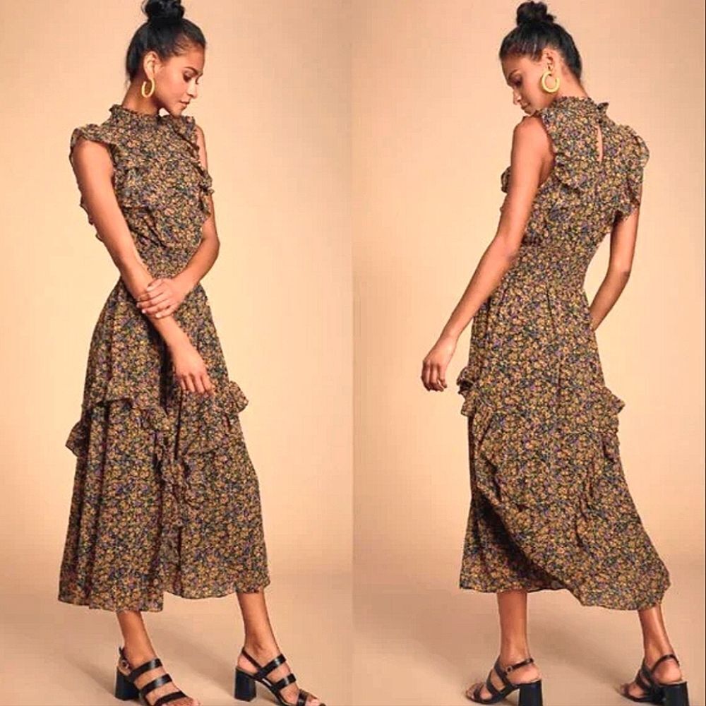 Lulu's Evelina Mustard yellow floral print mock neck midi dress size small